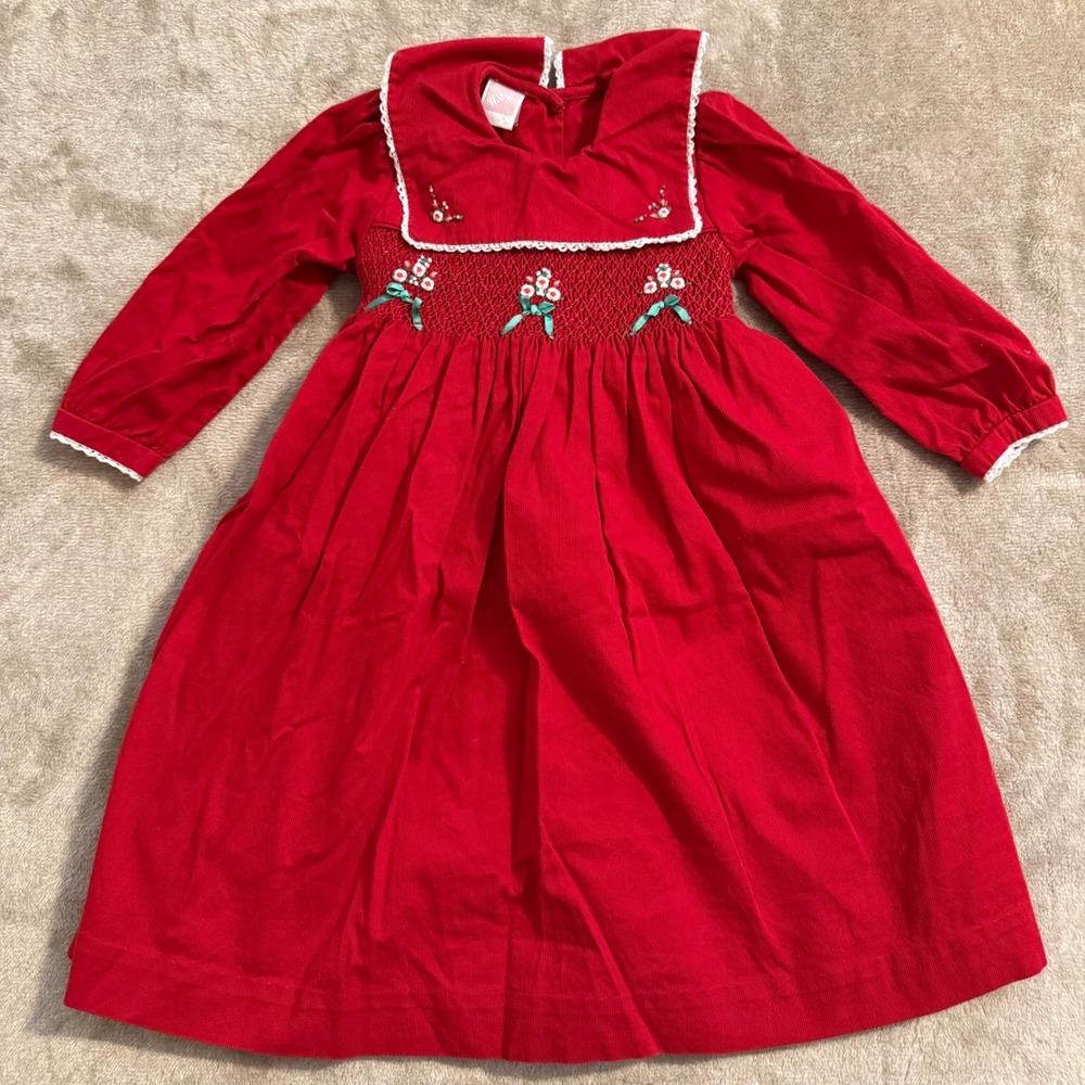 Vintage Will'beth Red Corduroy Smocked Floral Dress 2T